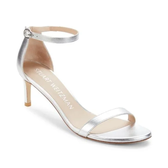 STUART WEITZMAN Leather Kitten Heels Metallic Silver EU 36.5
